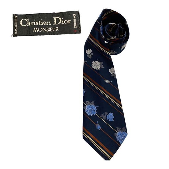 Christian Dior 4” wide necktie embroidered flowers polyester - Picture 2 of 10